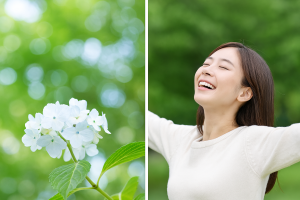 白い花とリラックスした表情の女性の写真