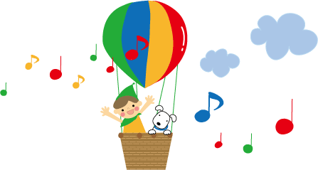 気球に乗って喜ぶ少年のイラスト