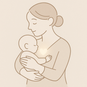 母親が赤ちゃんを静かに抱きしめている抽象的なシルエット。安心感とつながりをやさしく表現したベージュのイラスト。