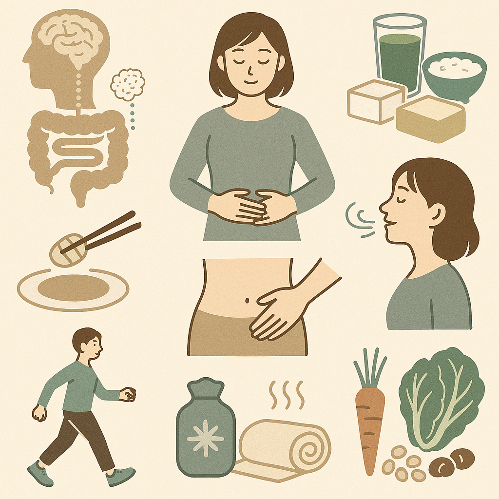 腸をやわらかく象徴する抽象的な曲線のイラスト。落ち着いた色合いで、腸内環境と身体のつながりを静かに表現している。