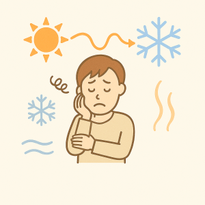 寒暖差による不調を感じる人物と気温変化のイメージを描いたイラスト